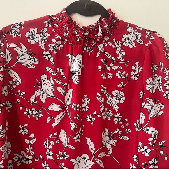 Adrienne Vittadini Rich Red Floral Chiffon Semi Sheer Long Sleeve Blouse SZ S - Picture 9 of 16